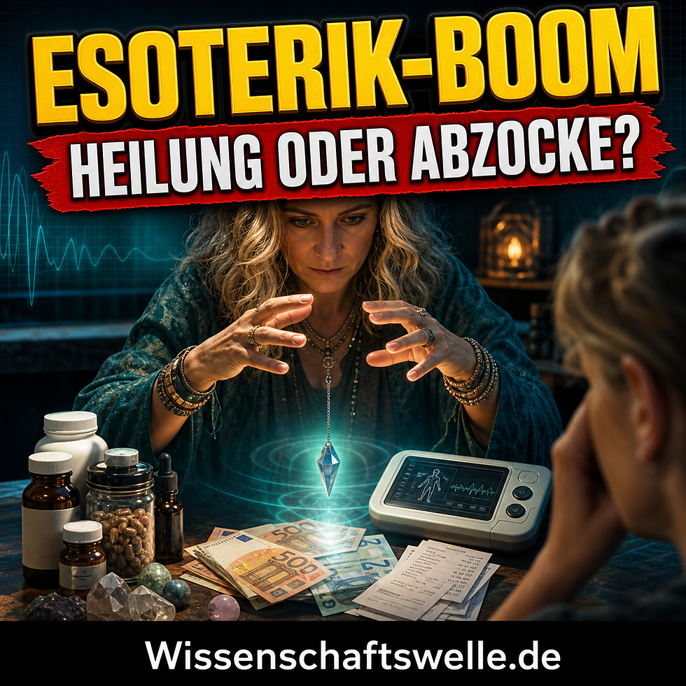 Quadratisches Cover im Wissenschaftswelle-Stil mit der gelben Überschrift „Esoterik-Boom“ und dem roten Banner „Heilung oder Abzocke?“. In der Mitte sitzt eine esoterische Heilerin mit Pendel über Euro-Scheinen, Pillenfläschchen und einem Diagnosegerät, während ihr eine skeptische Person gegenübersitzt.