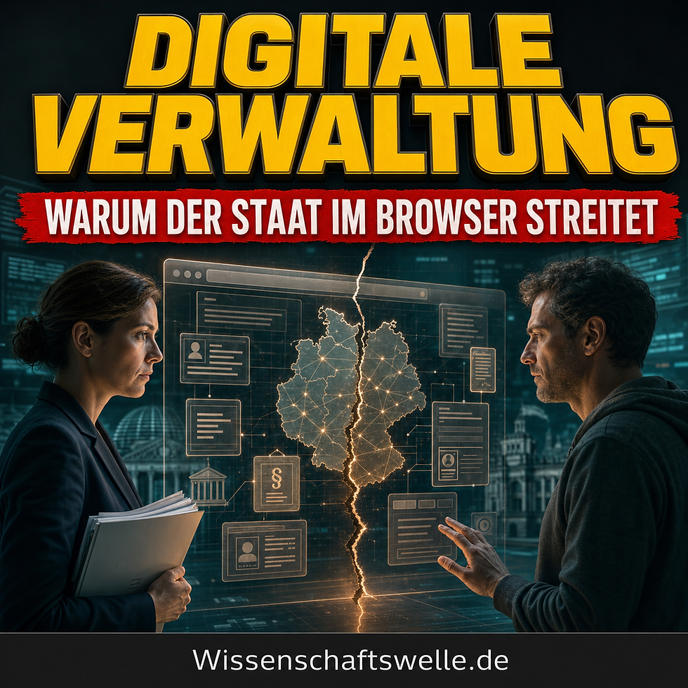 Quadratisches Cover mit der Überschrift „Digitale Verwaltung“, einem roten Banner mit „Warum der Staat im Browser streitet“ und zwei Personen, die sich über einer digitalen Verwaltungsoberfläche mit Karten-, Dokument- und Datensymbolen gegenüberstehen.