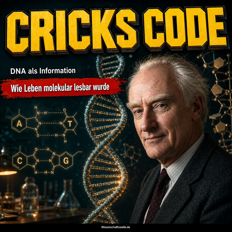 Porträtartiges Wissenschaftscover zu Francis Crick mit leuchtender DNA-Doppelhelix und codierten Basensequenzen im Hintergrund