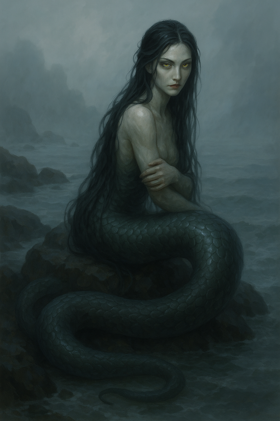 Die Nure-onna sitzt still auf einem von Nebel umhüllten Felsen an der japanischen Küste. Ihr Oberkörper gleicht dem einer Frau mit langen, nassen Haaren, die an ihrem Körper kleben, während ihr Unterkörper als schuppige Schlangenspirale ins Wasser gleitet. Die gelblich glühenden Augen und der durchdringende Blick verleihen ihr eine geheimnisvolle, leicht unheimliche Aura. Die düsteren Grautöne des Meeres und die dichte Gischt verstärken die mystische Atmosphäre dieses Yōkai. ChatGPT fragen