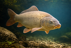 Ein Karpfen schwimmt ruhig durch klares Süßwasser nahe dem Gewässergrund. Sein kräftiger, hochrückiger Körper ist graugolden gefärbt und von deutlich erkennbaren, regelmäßig angeordneten Schuppen bedeckt. Die leicht geöffneten Lippen mit kleinen Bartfäden sind gut sichtbar, ebenso die rötlich getönten Flossen. Im Hintergrund verschwimmen Steine, Sediment und Wasserpflanzen zu einer weichen Unterwasserszene, die den Karpfen fotorealistisch im 16:9-Format darstellt.
