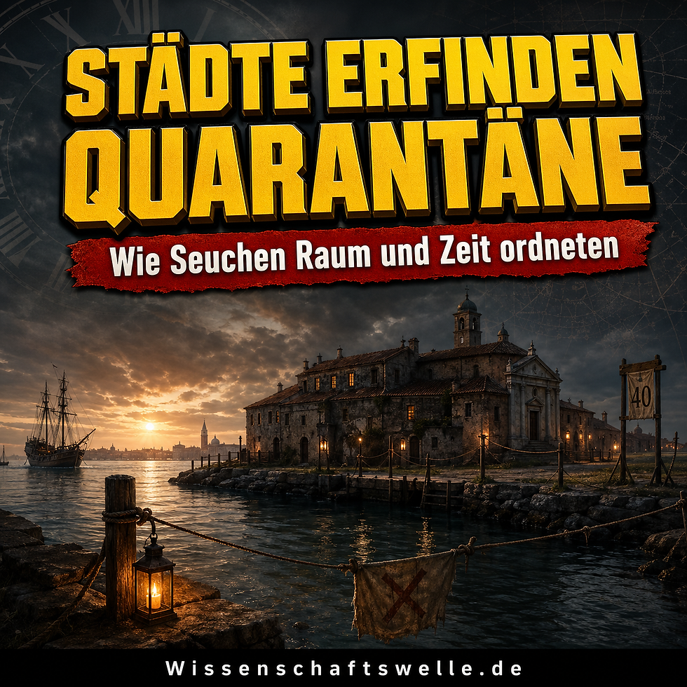 Dramatisch beleuchtetes Lazarett auf einer venezianischen Insel bei Sonnenuntergang, davor ein Schiff vor Anker und ein Schild mit der Zahl 40 als Symbol historischer Quarantäne.
