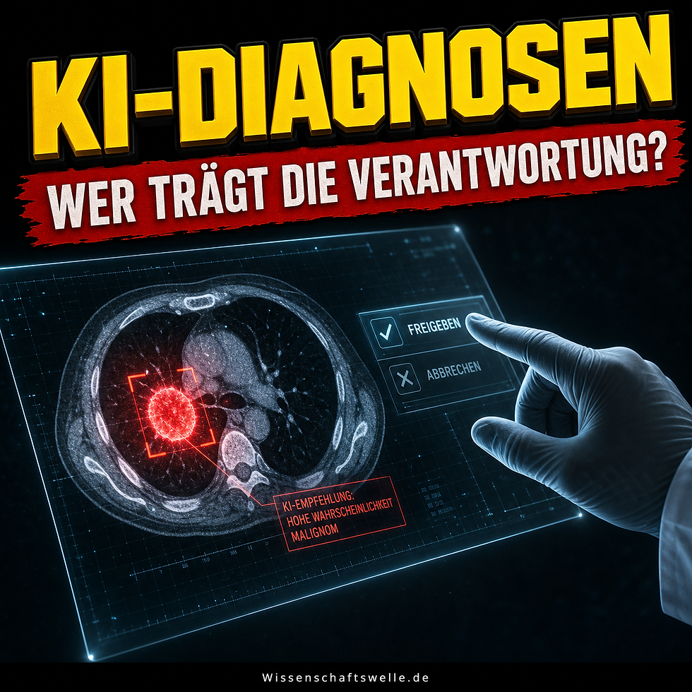 Transparenter Gehirnscan mit rotem Diagnose-Hotspot, auf den eine behandschuhte Hand mit einem Stift zeigt; darüber die Frage nach Verantwortung bei KI-Diagnosen.