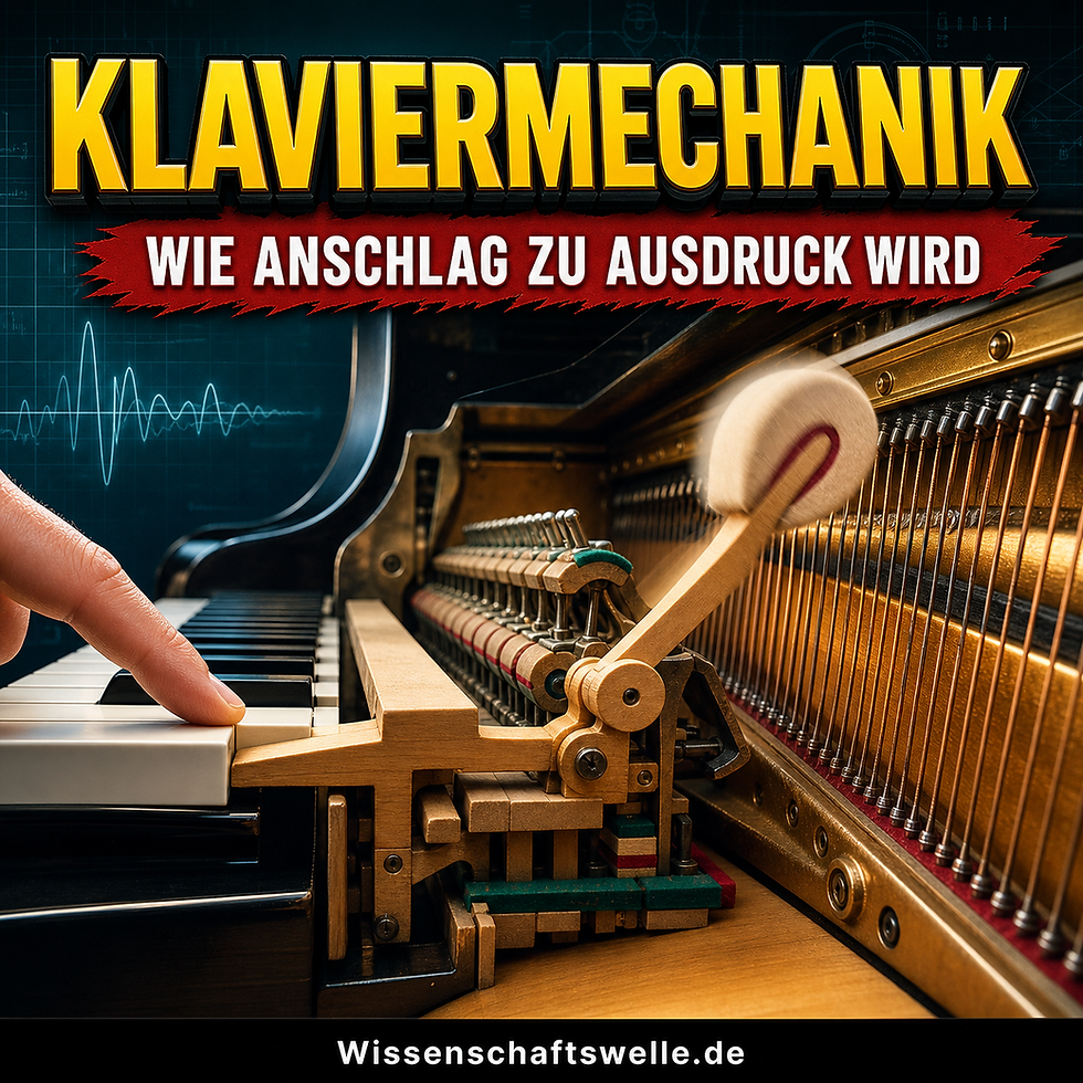 Quadratisches Cover mit gelber Überschrift „Klaviermechanik“, rotem Banner „Wie Anschlag zu Ausdruck wird“ und einer hyperrealistischen Nahaufnahme einer Klaviermechanik mit gedrückter Taste, fliegendem Hammer und sichtbaren Saiten im Flügelinneren.