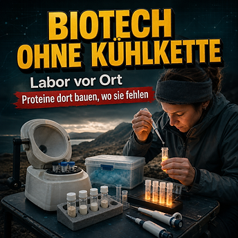 Wissenschaftswelle-Cover mit einer Forscherin an einem tragbaren Feldlabor, gefriergetrockneten Reagenzien, Pipetten und handbetriebener Laborhardware vor dunkler Bergkulisse.