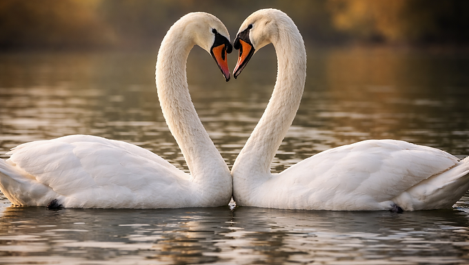 Zwei weiße Schwäne schwimmen dicht nebeneinander auf einem ruhigen See und formen mit ihren elegant gebogenen Hälsen eine Herzform. Die leuchtend weißen Federn kontrastieren mit dem sanft gewellten, graublauen Wasser, während die orangefarbenen Schnäbel mit schwarzer Zeichnung einander beinahe berühren. Im Hintergrund spiegeln sich warme Naturtöne im Wasser und schaffen eine harmonische, fotorealistische Szene im 16:9-Format.