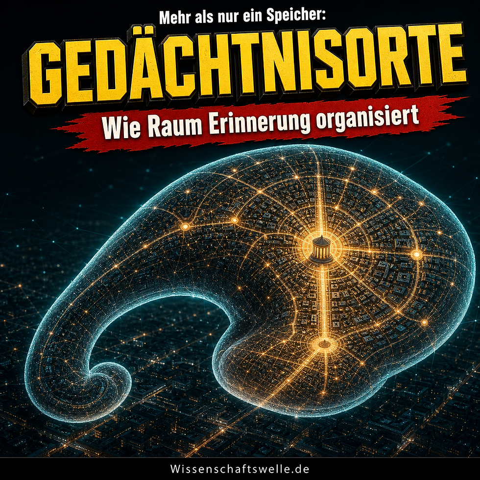 Leuchtender hippocampusförmiger Stadtplan über einem dunklen Stadtraum; darüber die Überschrift Gedächtnisorte und der Untertitel Wie Raum Erinnerung organisiert.