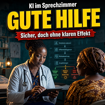 Wissenschaftswelle-Cover mit einer Ärztin in einer kenianischen Praxis, die auf ein Tablet blickt, während hinter ihr ein leuchtendes klinisches Entscheidungsschema schwebt.