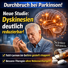Facebook-Titelbild zum Thema Parkinson-Forschung: Ein älterer Mann blickt besorgt auf seine zitternden Hände, daneben eine leuchtende Gehirnillustration mit hervorgehobenen neuronalen Verbindungen. Große Schlagzeile: „Durchbruch bei Parkinson! Neue Studie: Dyskinesien deutlich reduzierbar!“ Ergänzt durch Symbole für Medikamente und den Hinweis auf gezieltes Stoppen von Fehl-Lernen im Gehirn sowie bessere Therapie mit weniger Nebenwirkungen.