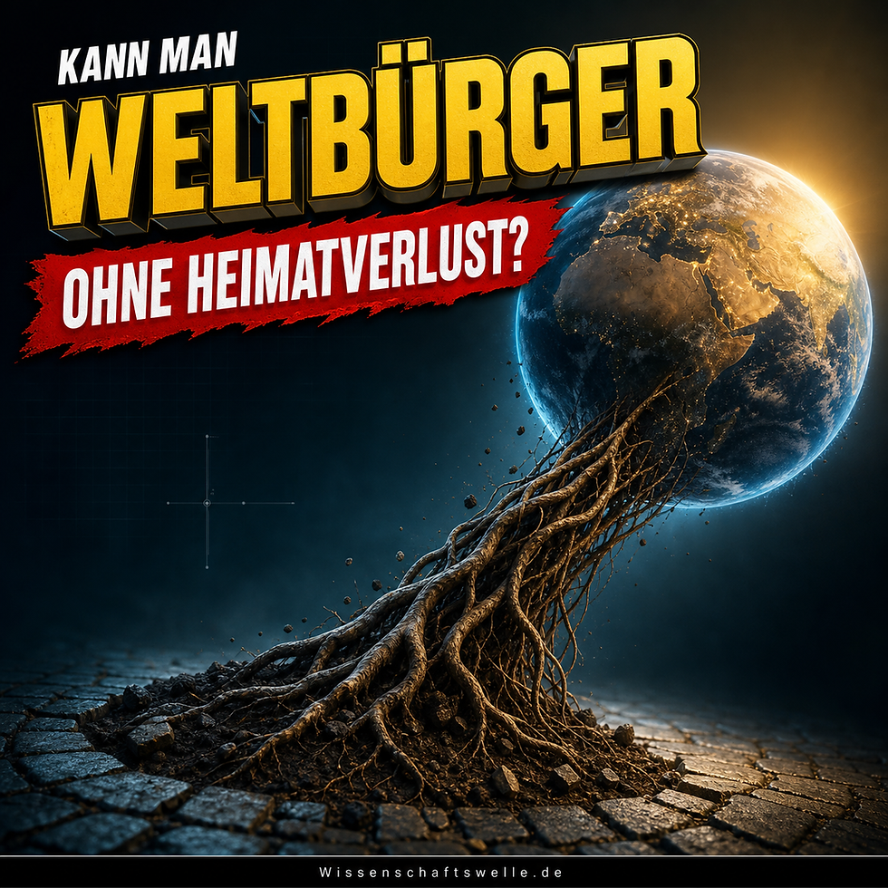 Eine leuchtende Erde hebt sich aus aufgerissenem Kopfsteinpflaster, bleibt aber über dicke Wurzeln mit dem Boden verbunden; darüber stehen die Worte „Weltbürger“ und „Ohne Heimatverlust?“.