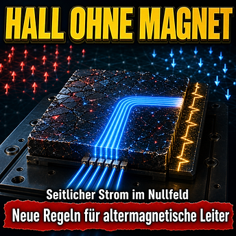 Wissenschaftswelle-Cover mit einem dunklen Kristallblock, blauen Strombahnen, die im Material scharf seitlich abknicken, und roten sowie blauen Spinmustern im Hintergrund.