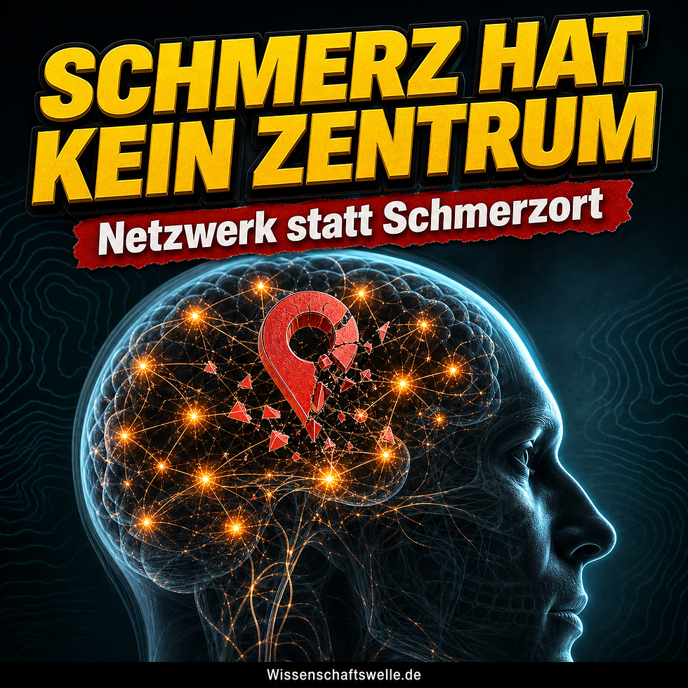 Quadratisches Cover mit einem transparenten menschlichen Kopf im Profil, darin ein vernetztes leuchtendes Gehirn ohne einzelnen Schmerzpunkt, darüber die gelbe Überschrift „SCHMERZ HAT KEIN ZENTRUM“ und der rote Banner „Netzwerk statt Schmerzort“.