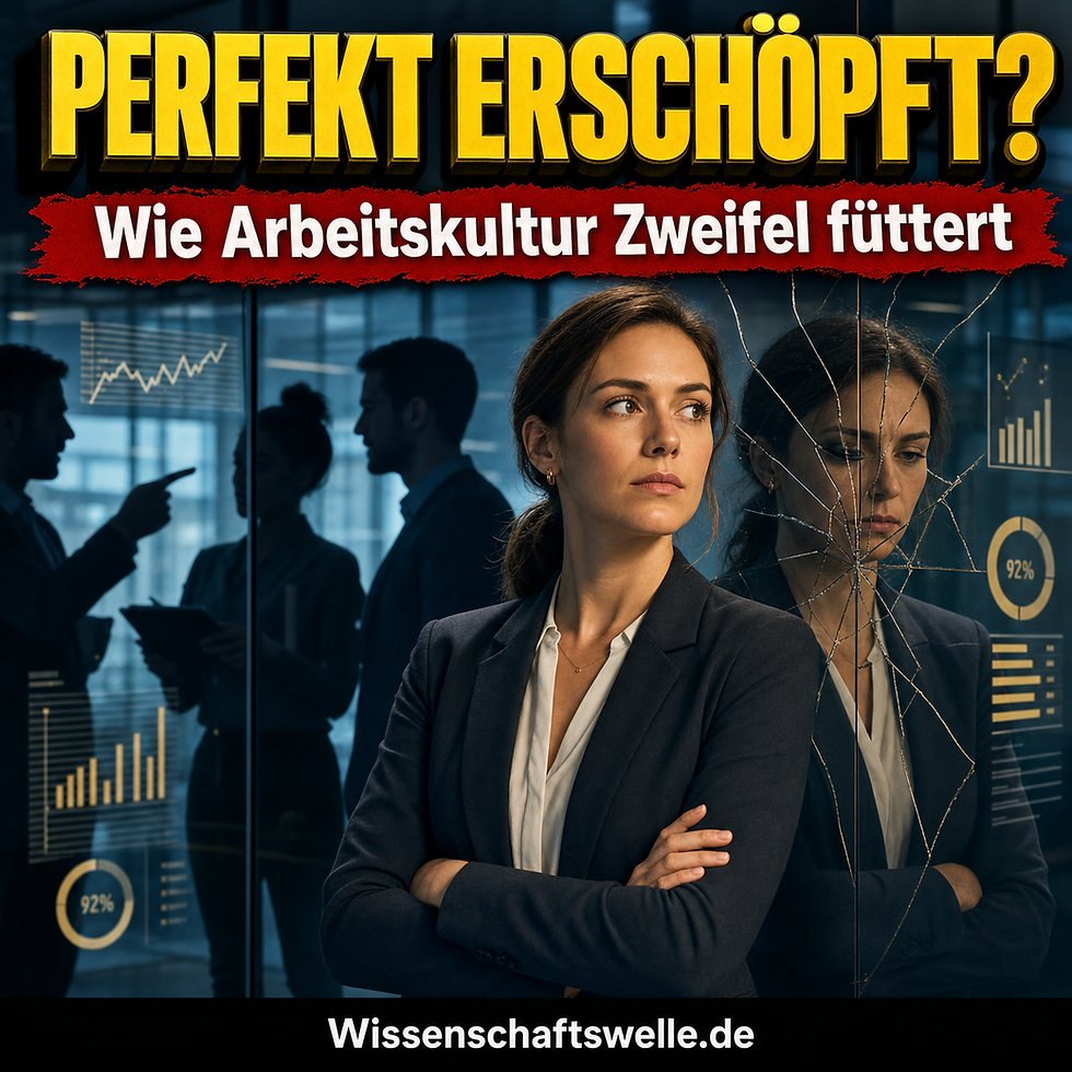 Quadratisches Cover mit einer professionell gekleideten Person im kühlen Bürolicht, zwischen Spiegelung, Leistungsdiagrammen und dunklen Silhouetten, dazu die gelbe Überschrift „Perfekt erschöpft?“ und ein rotes Banner über Arbeitskultur und Selbstzweifel.