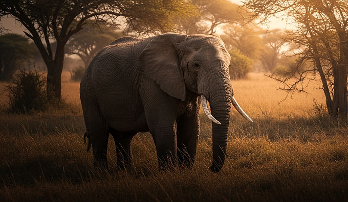 Ein großer, grauer Elefant mit Stoßzähnen steht in einer goldenen Savannenlandschaft bei Sonnenuntergang. Er blickt leicht nach vorne, umgeben von trockenem Gras und vereinzelten Bäumen im warmen, goldenen Licht.