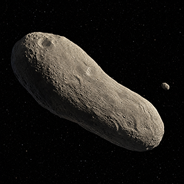 Fotorealistische Ansicht des langgestreckten Asteroiden Ida mit kraterreicher beige-grauer Oberfläche, Rinnen und Felsblöcken; daneben schwebt der winzige Mond Dactyl vor schwarzem Weltraum.