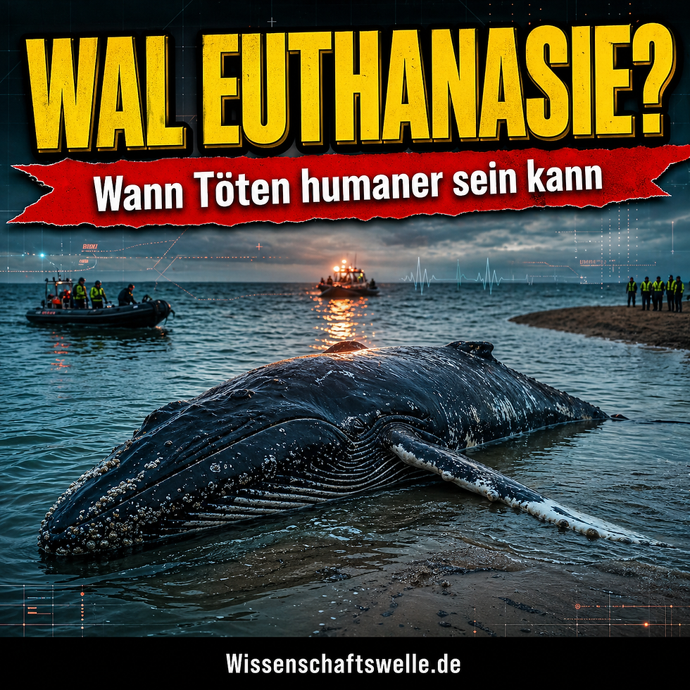 Quadratisches Cover mit einem gestrandeten Buckelwal im flachen Küstenwasser, kleinen Rettungsbooten im Hintergrund sowie der gelben Überschrift „Wal Euthanasie?“ und dem roten Banner „Wann Töten humaner sein kann“.