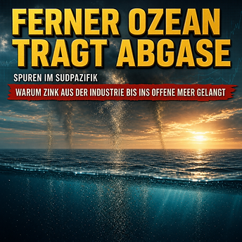 Wissenschaftswelle-Cover: Ein abgelegener Ozean wird von leuchtenden Industrie-Aerosolen und Zinkpartikeln überlagert