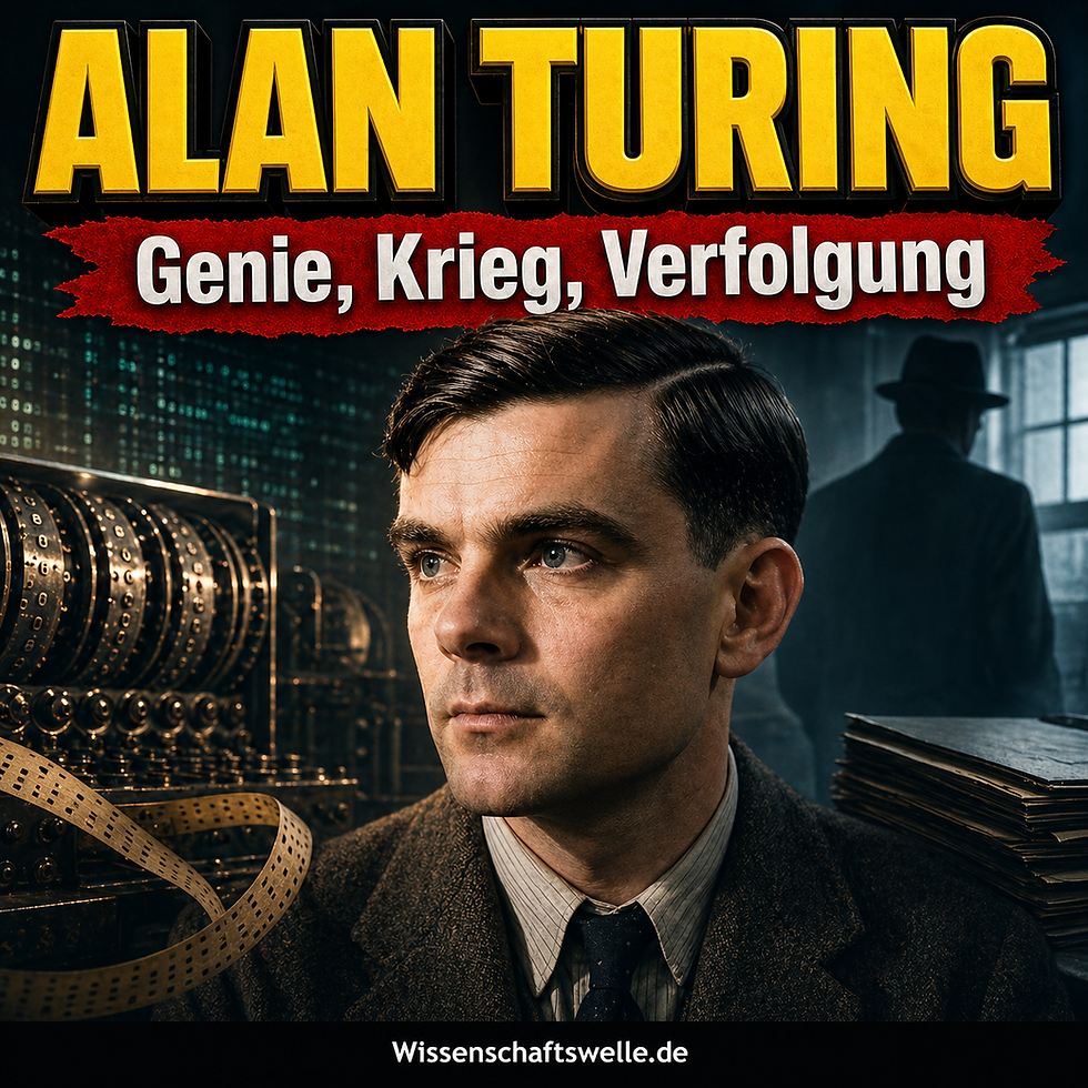 Alan Turing als zentrales Porträt vor verschlüsselten Codes, Enigma-Rotoren und düsteren Aktenmotiven, die seine wissenschaftliche Arbeit und staatliche Verfolgung symbolisieren.