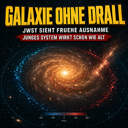 Wissenschaftswelle-Cover: Eine helle Spiralgalaxie im frühen Universum liegt auf einer blau-roten Geschwindigkeitskarte und zeigt überraschend wenig Gesamtdrehung.