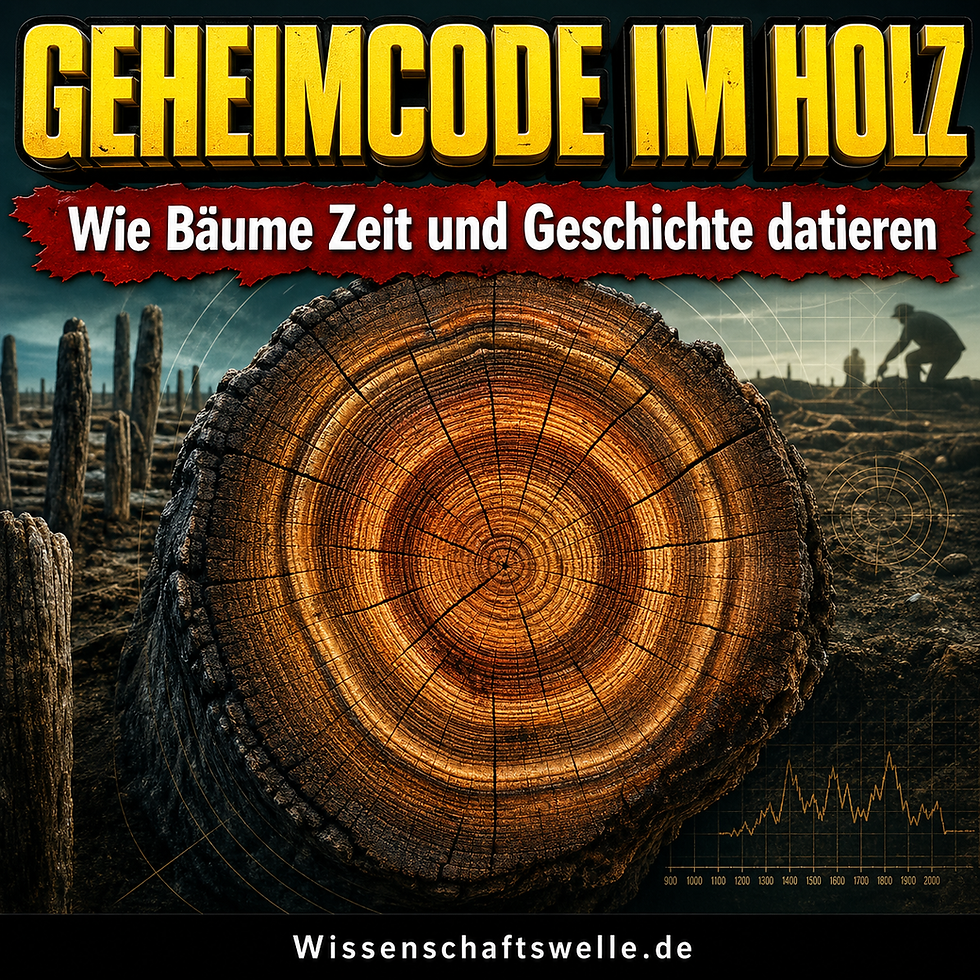 Quadratisches Cover mit einem angeschnittenen Baumstamm, dessen leuchtende Jahresringe wie eine präzise Zeitspur wirken, vor einer archäologischen Grabungsszene sowie der gelben Überschrift „Geheimcode im Holz“ und dem roten Banner „Wie Bäume Zeit und Geschichte datieren“.