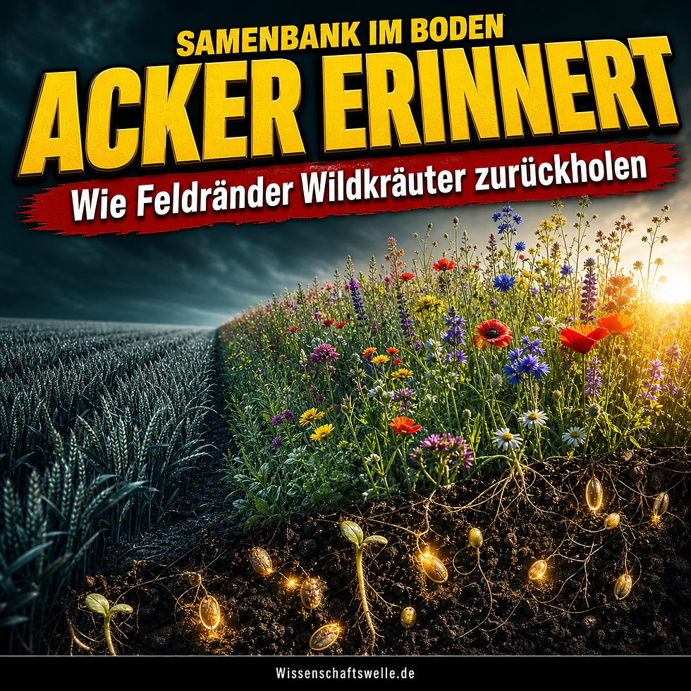 Ein dunkler Getreideacker geht diagonal in einen leuchtenden Feldrand mit roten und blauen Wildblumen über; darunter zeigt ein Bodenquerschnitt mit glühenden Samen die verborgene Samenbank.