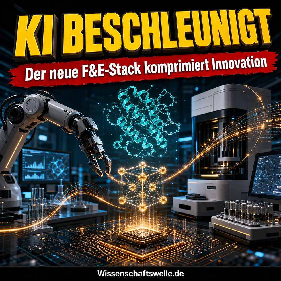 Ein futurisches Forschungslabor, in dem ein humanoider Roboterarm, holografische Molekülmodelle, Materialgitter und leuchtende Datenströme zu einer beschleunigten Innovationsschleife verschmelzen.