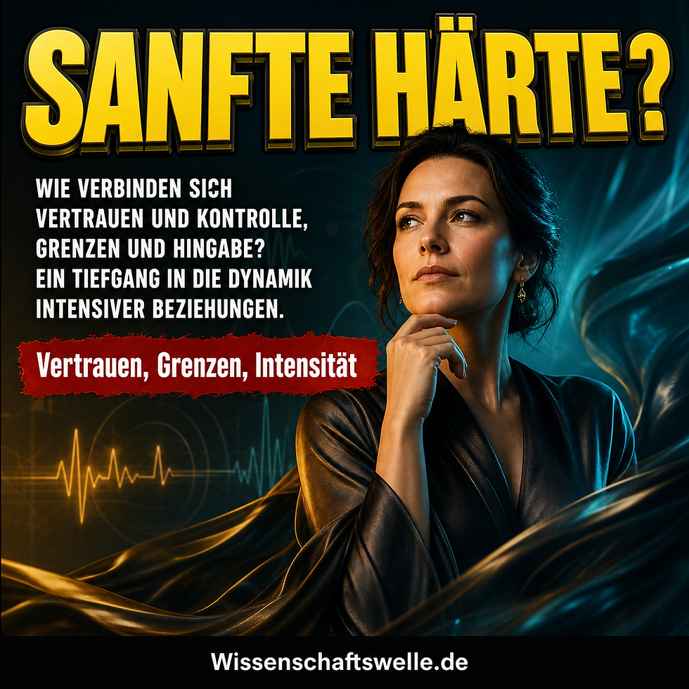 Porträt einer selbstbewussten Frau im dramatischen Licht, umgeben von abstrakten Spannungs- und Vertrauensmotiven in einem wissenschaftlichen Magazincover-Stil.