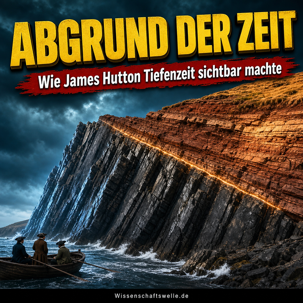 Dramatische Darstellung von Siccar Point mit steil aufgerichteten dunklen Gesteinsschichten unter schräg lagernden roten Sandsteinen; darüber die Schlagzeile "Abgrund der Zeit" zum Artikel über James Hutton und Tiefenzeit.
