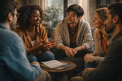 Vier Personen unterschiedlicher Herkunft sitzen in einem warm beleuchteten Raum eng beieinander im Gespräch. Eine Frau spricht und gestikuliert ruhig, während die anderen aufmerksam zuhören und Blickkontakt halten. Auf einem kleinen Tisch liegen Notizen oder Unterlagen. Der Hintergrund mit Bücherregal und Pflanzen ist weich unscharf. Die Szene vermittelt Austausch, Zugehörigkeit und Vielfalt und steht visuell für unterschiedliche Perspektiven und inklusive Zusammenarbeit.