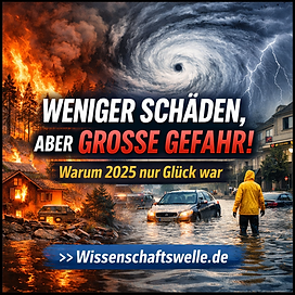 Dramatisches Titelbild zu Naturkatastrophen 2025: links ein großer Waldbrand, in der Mitte ein mächtiger Hurrikan, rechts eine überflutete Straße mit Autos und einer Person im Regen. Großschrift im Bild: „Weniger Schäden, aber große Gefahr! Warum 2025 nur Glück war“. Unten der Hinweis „Wissenschaftswelle.de“.