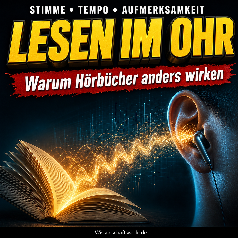 Ein offenes Buch sendet leuchtende Klangwellen in ein Ohr mit Kopfhörer; darüber stehen die Worte 'LESEN IM OHR' und 'Warum Hörbücher anders wirken'.