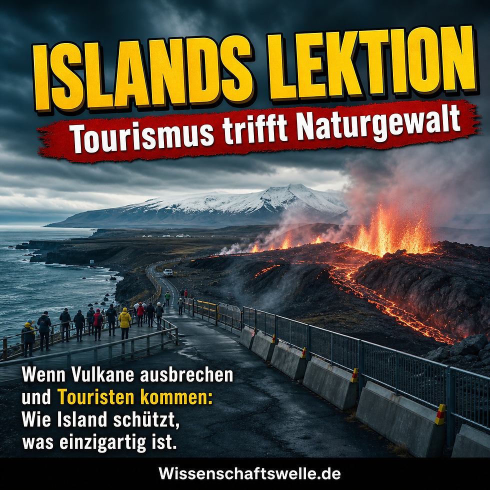Quadratisches Titelbild mit dramatischer isländischer Küsten- und Vulkanlandschaft, gelber Headline über Tourismus und Naturkräften, rotem Banner mit Fokus auf Islands Umgang mit Risiko, unten kleines Wissenschaftswelle.de-Branding.