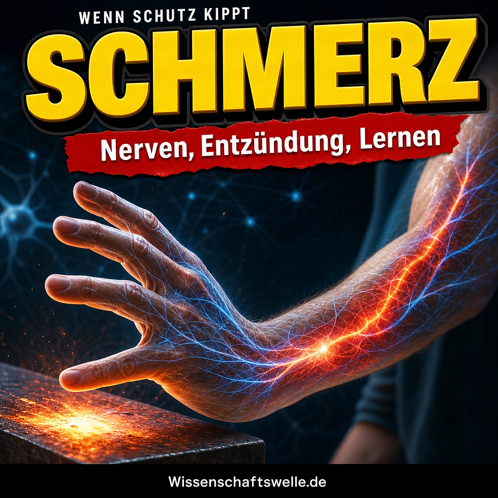 Quadratisches Cover mit gelber 3D-Überschrift „SCHMERZ“, rotem Banner „Nerven, Entzündung, Lernen“ und einer Hand, deren leuchtende Nervenbahnen vor einer glühend heißen Metallfläche sichtbar werden.