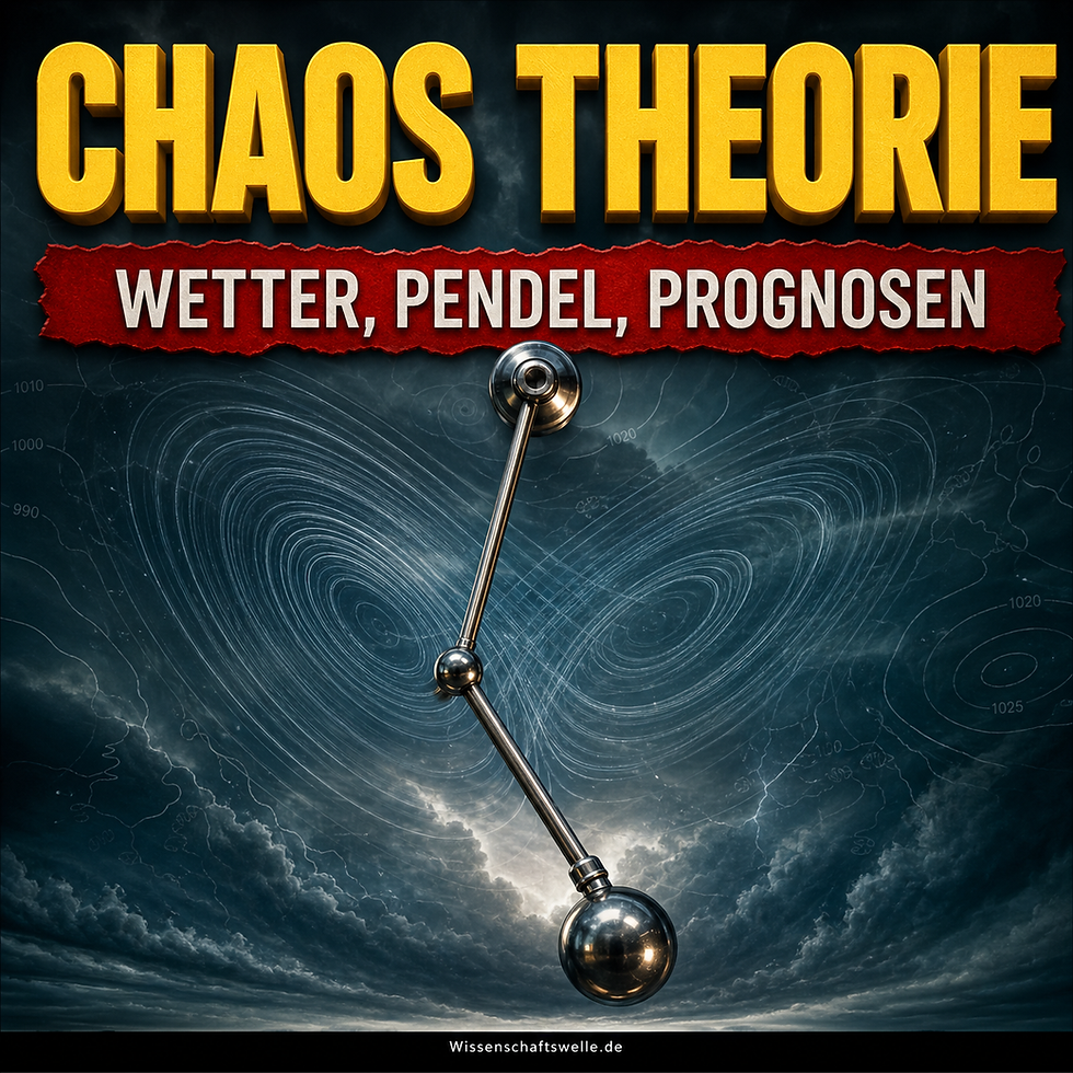Ein metallisches Doppelpendel schwingt vor einer stürmischen Lorenz-Attraktor-Szene mit dem Titel Chaostheorie sowie dem Banner Wetter, Pendel, Prognosen.