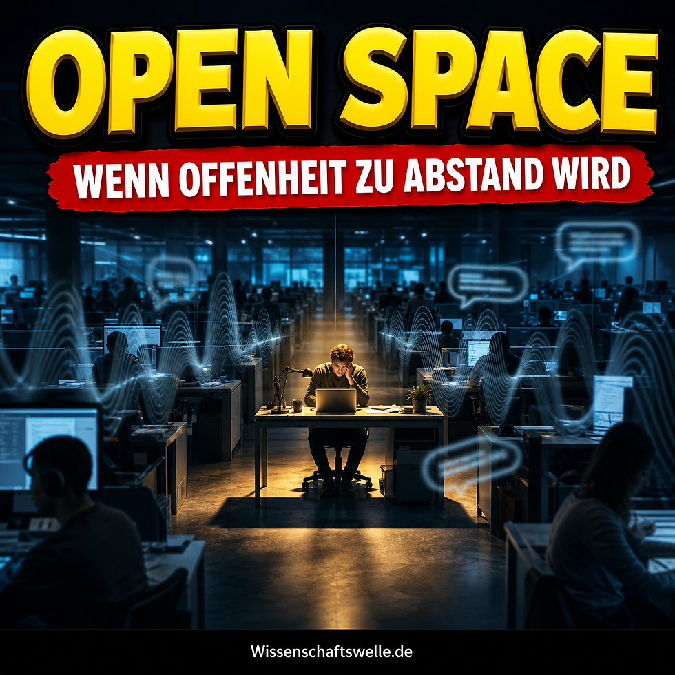 Ein einzelner Büroarbeiter sitzt im warmen Licht in einem dunklen Großraumbüro, umgeben von Schallwellen und digitalen Chatblasen als Bild für Reizüberflutung und Rückzug.