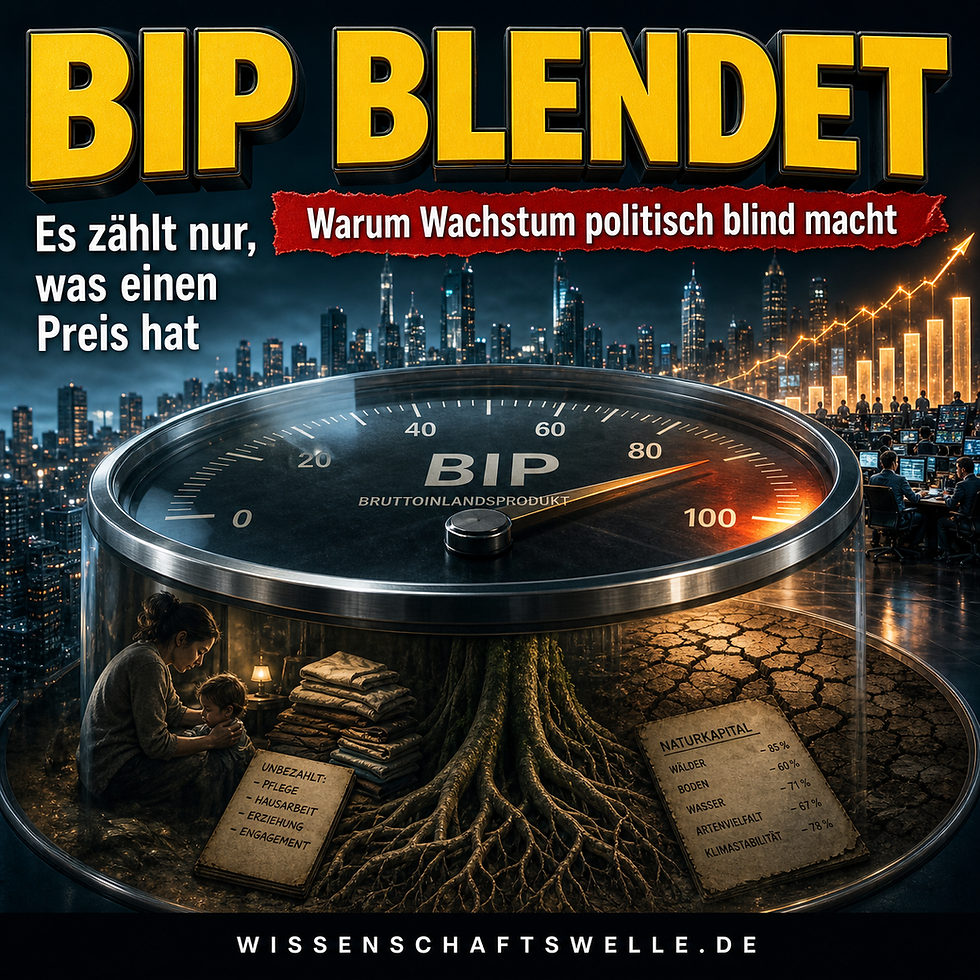 Ein großes BIP-Messinstrument über einer nächtlichen Stadt, unter dessen Oberfläche unbezahlte Sorgearbeit, Baumwurzeln und Naturkapital sichtbar werden.