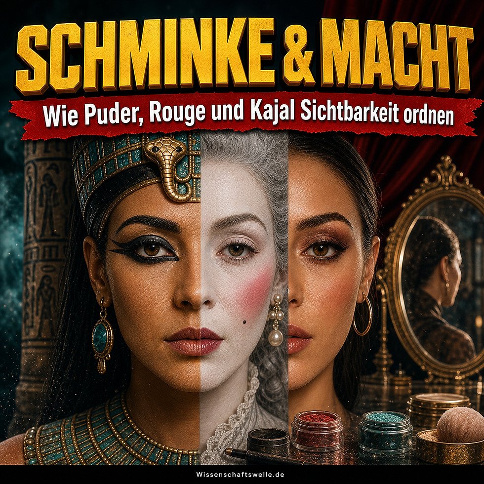 Dreigeteiltes Porträt zwischen altägyptischer Kajal-Schminke, gepuderter frühneuzeitlicher Blässe mit Rouge und modernem Make-up als Symbol für die Kulturgeschichte der Sichtbarkeit.