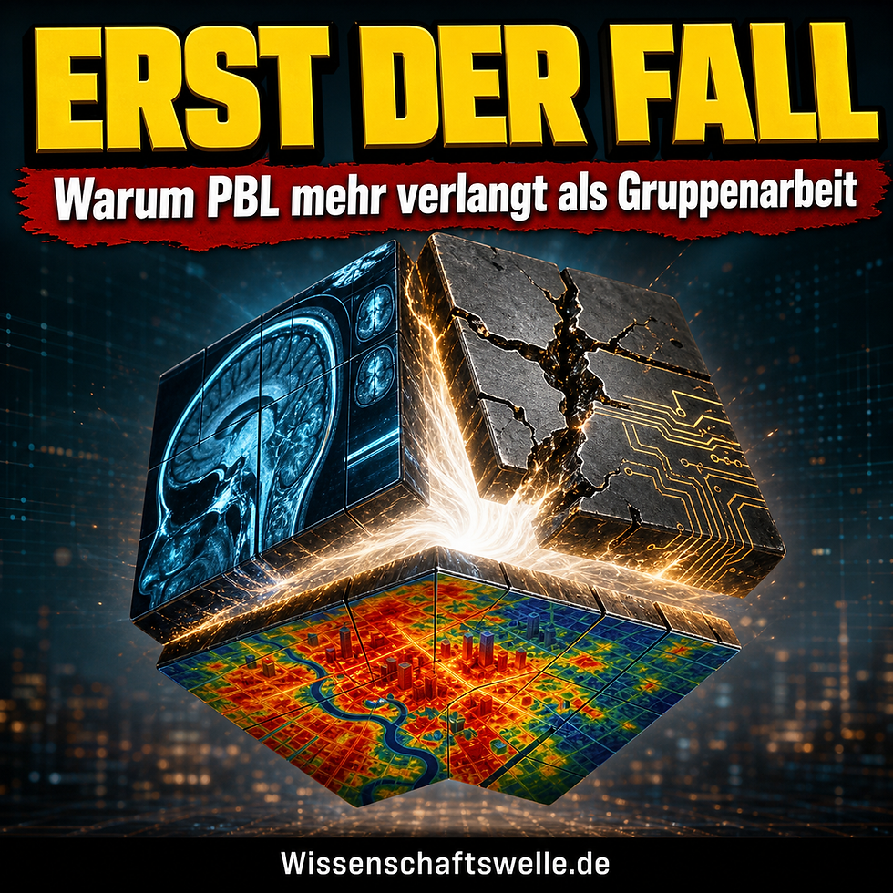Leuchtender, aufbrechender Würfel aus medizinischem Scan, technischer Metallstruktur und thermischer Stadtkarte unter der Überschrift 'ERST DER FALL'.