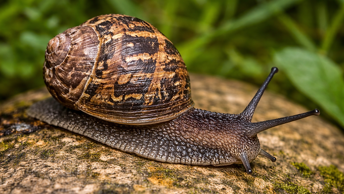 Fotorealistisches 16:9-Bild einer Gartenschnecke mit braun-gelb gemusterter, spiraliger Schale und dunkelgrauem, fein strukturierter Körperoberfläche. Die Schnecke bewegt sich in einer neuen Pose langsam über einen leicht bemoosten Stein, die langen Fühler sind nach vorne ausgestreckt. Die Perspektive ist bodennah und seitlich gewählt, sodass Schale, Fuß und Texturen gut erkennbar sind. Im Hintergrund befindet sich weich unscharfes grünes Blattwerk, das eine natürliche Gartenumgebung vermittelt und das Tier klar vom ursprünglichen Foto abhebt.