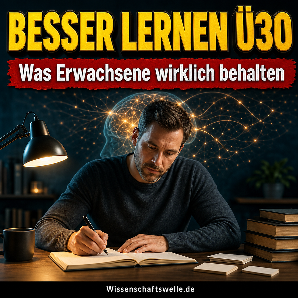 Quadratisches Cover mit einer konzentriert lernenden erwachsenen Person an einem Schreibtisch, warmem Lampenlicht, einem leuchtenden neuronalen Muster im Hintergrund sowie der gelben Überschrift „BESSER LERNEN Ü30“ und dem roten Banner „Was Erwachsene wirklich behalten“.