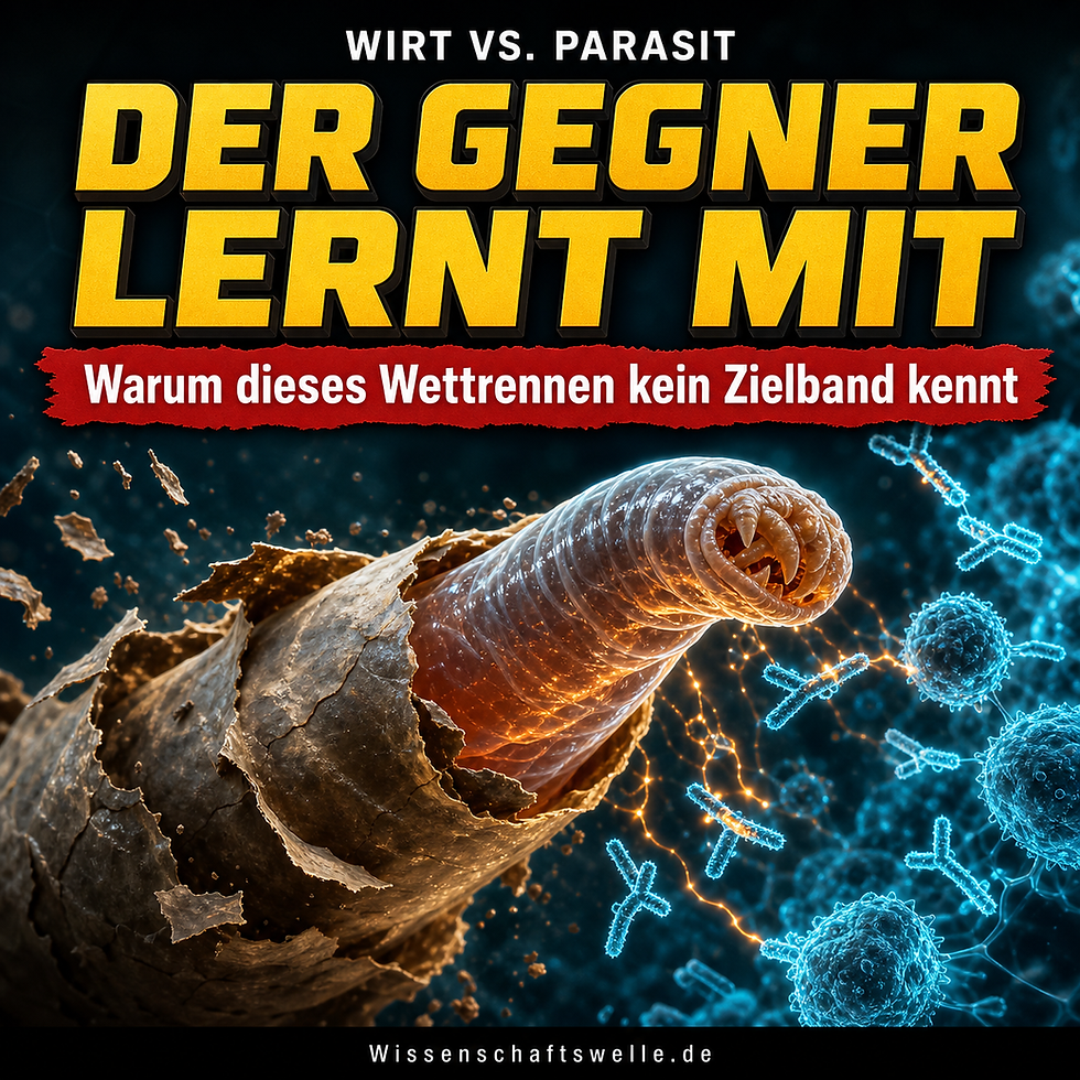 Ein parasitisches Wesen sprengt eine Tarnhülle ab, während blaue Immunzellen und Antikörper auf es zielen.