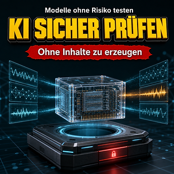Wissenschaftswelle-Cover: Ein transparentes KI-Adaptermodul wird von blauen Diagnosesignalen geprüft; die Überschrift lautet KI SICHER PRÜFEN.