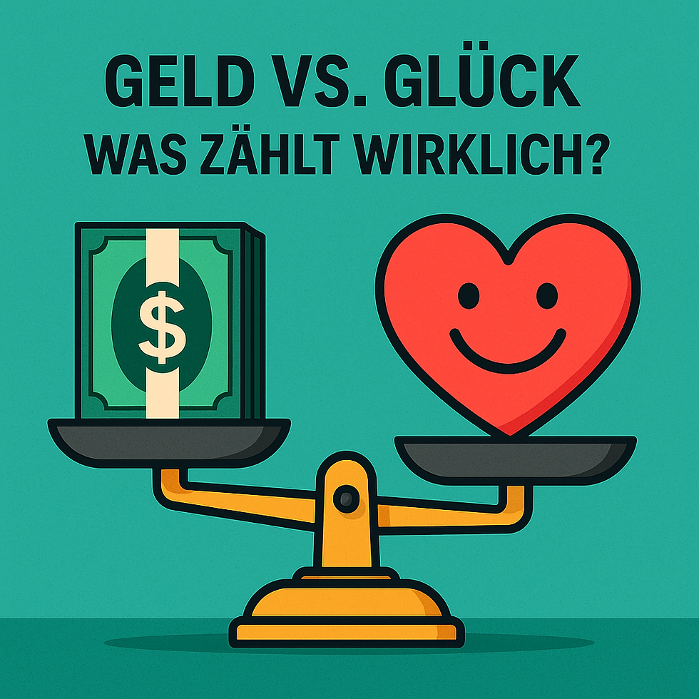 Eine stilisierte, goldene Waage steht vor türkisfarbenem Hintergrund. Auf der linken Schale liegt ein Bündel grüner Geldscheine mit Dollarzeichen, auf der rechten ein rotes, lächelndes Herz. Darüber der Text „Geld vs. Glück – Was zählt wirklich?“, der den Spannungsbogen des Themas visualisiert.