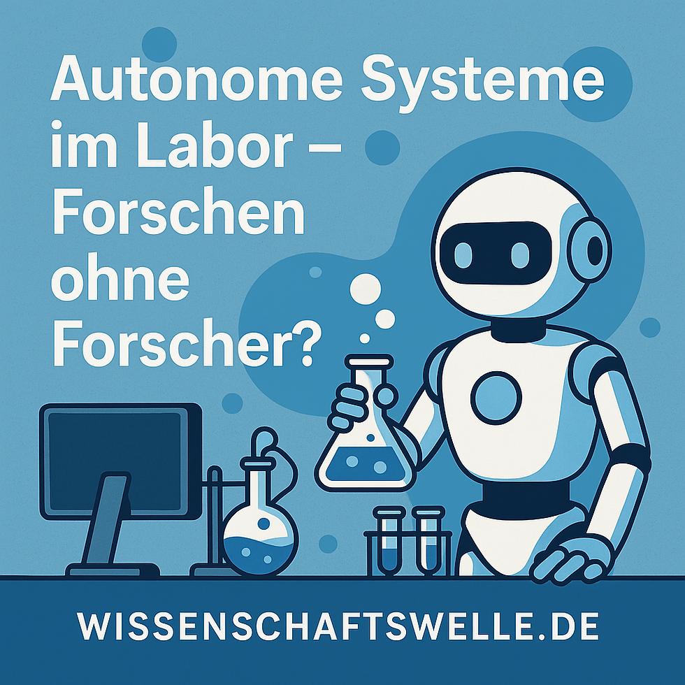 Ein stilisierter, weiß-blauer Roboter hält einen Erlenmeyerkolben mit blubbernder Flüssigkeit in einem Labor. Im Hintergrund sind weitere Laborgeräte wie ein Computerbildschirm und ein Destillierkolben zu sehen. Der Titel "Autonome Systeme im Labor – Forschen ohne Forscher?" steht prominent darüber, unten der Schriftzug "WISSENSCHAFTSWELLE.DE". Die Farbpalette ist überwiegend blau mit weißen Akzenten.