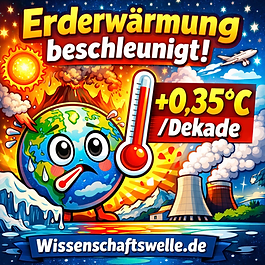 Cartoonhaftes Thumbnail mit einer besorgt wirkenden Erde neben einem großen Thermometer, im Hintergrund Vulkan, Sonne und Kraftwerk. Oben steht „Erderwärmung beschleunigt!“, daneben „+0,35 °C / Dekade“, unten das Branding „Wissenschaftswelle.de“.