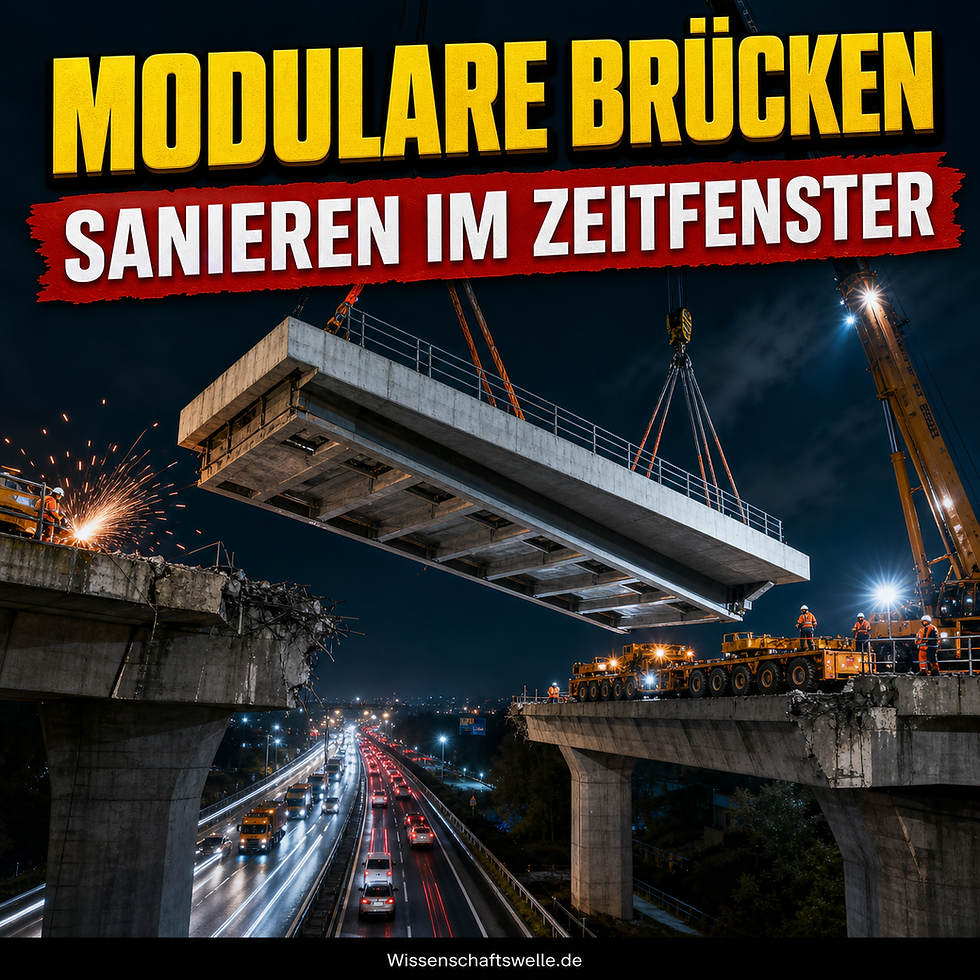 Ein vorgefertigtes Brückensegment wird nachts von Kränen über einer Autobahn in eine bestehende Brückenlücke eingehoben.