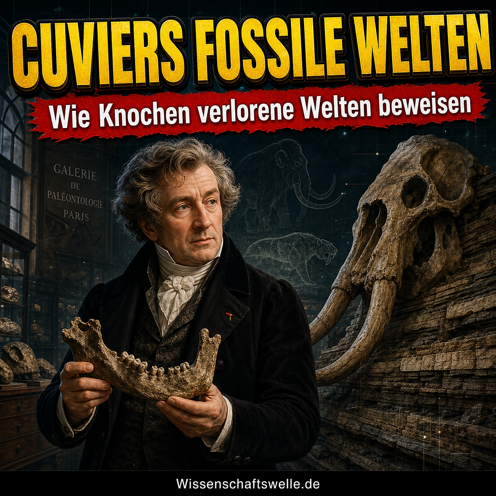 Quadratisches Cover mit Georges Cuvier in dunkler Gelehrtenkleidung, der in einer Fossiliengalerie einen Kieferknochen hält; daneben ein Mammutschädel, darüber die gelbe Überschrift „Cuviers fossile Welten“ und der rote Banner „Wie Knochen verlorene Welten beweisen“.