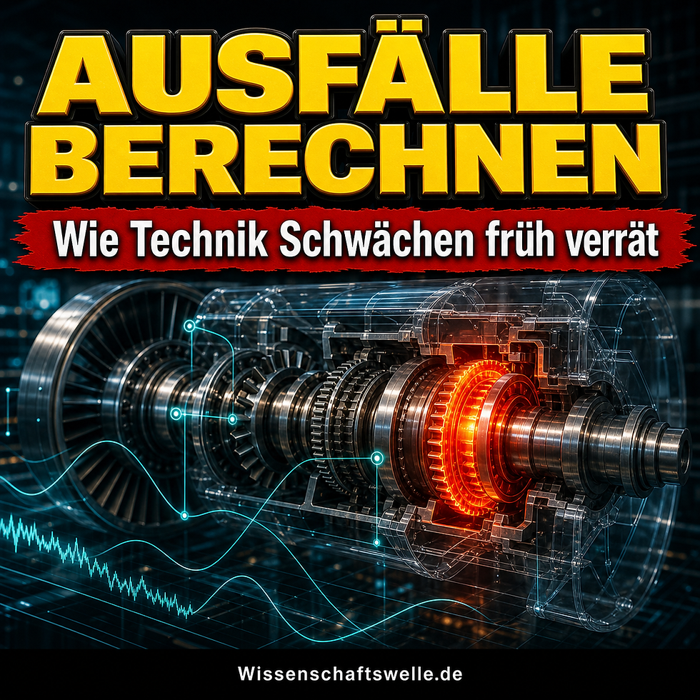 Eine metallische Turbine mit leuchtenden Sensordaten und Risiko-Kurven, die das Berechnen technischer Ausfälle symbolisiert.