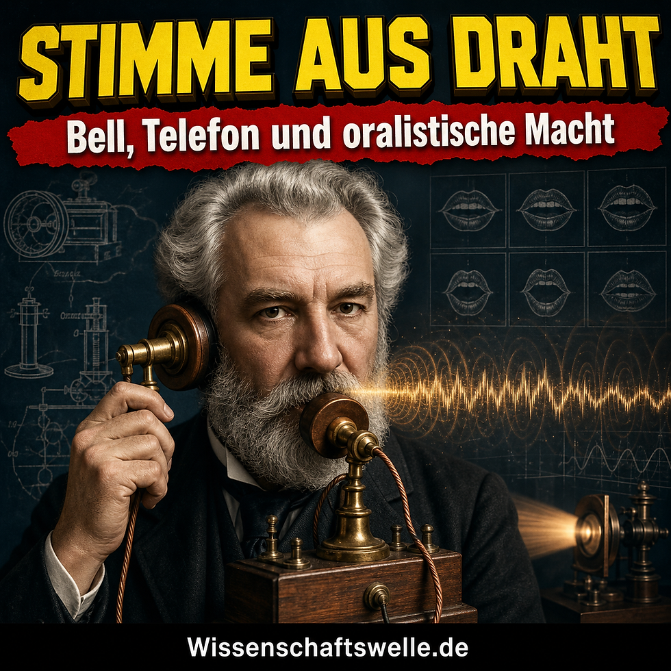 Quadratisches Cover mit einem Porträt von Alexander Graham Bell an einem frühen Holztelefon vor dunklem Akustik-Hintergrund, gelber Überschrift „STIMME AUS DRAHT“ und rotem Banner „Bell, Telefon und oralistische Macht“.