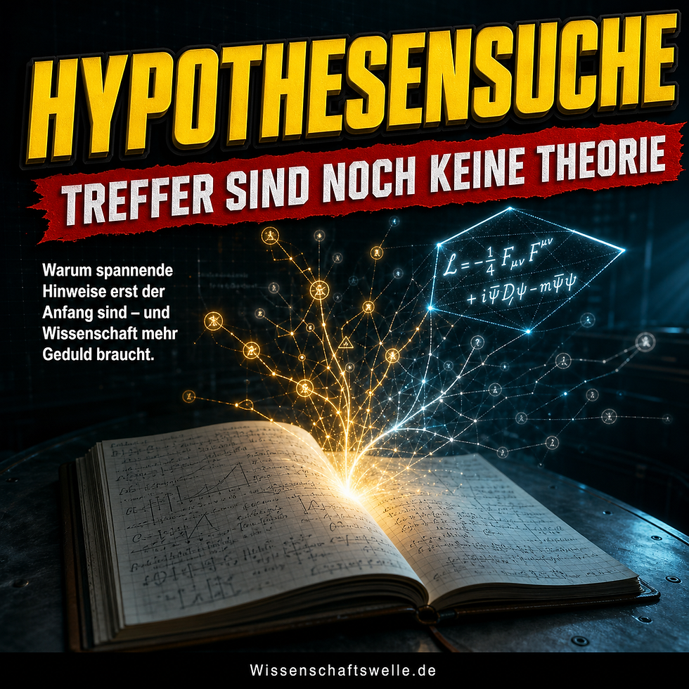 Ein aufgeschlagenes Forschungsnotizbuch, aus dem leuchtende Verzweigungen und Formeln aufsteigen, unter den Textzeilen „Hypothesensuche“ und „Treffer sind noch keine Theorie“ im Wissenschaftswelle-Stil.